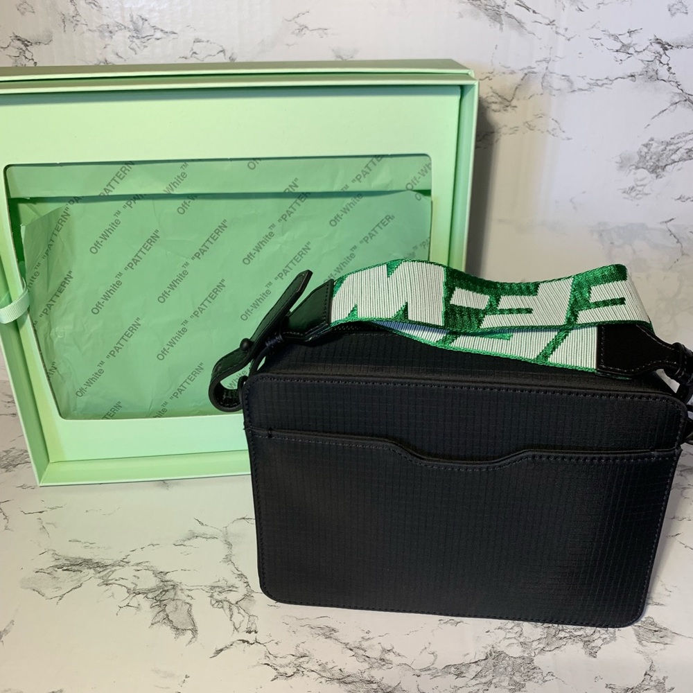 Off White Black Camera Bag Green Straps Logo